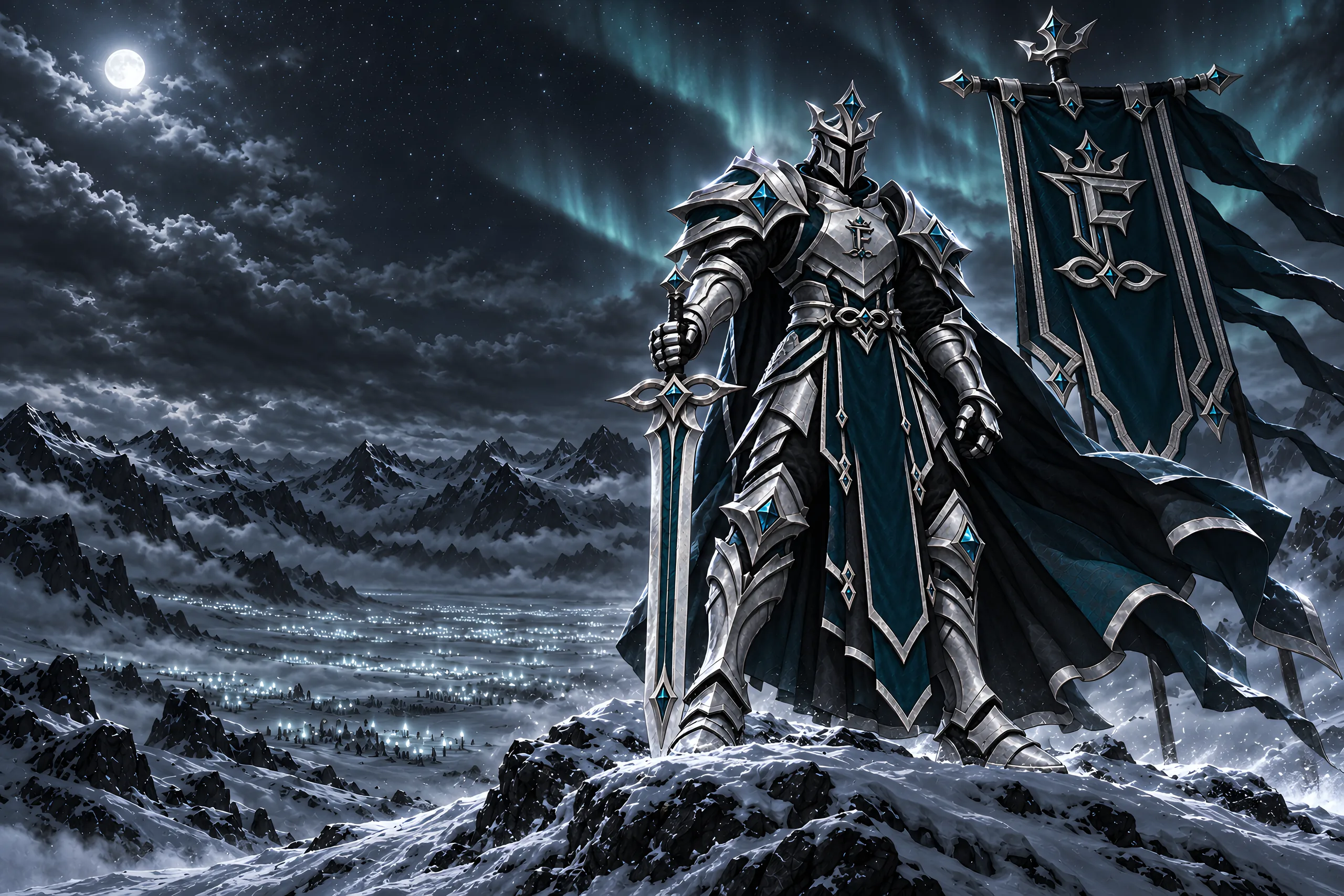 Brutus, the guild's keeper, in platinum armor on a snowy rock under the moon and the aurora, the banner behind him and a valley of lanterns below.